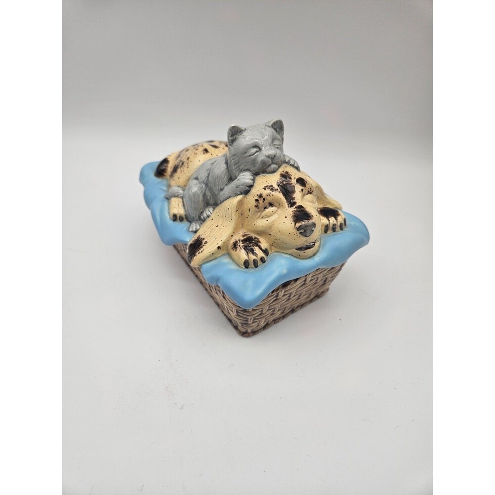 Vintage Cat And Dog Porcelain Lidded Basket Container Dish